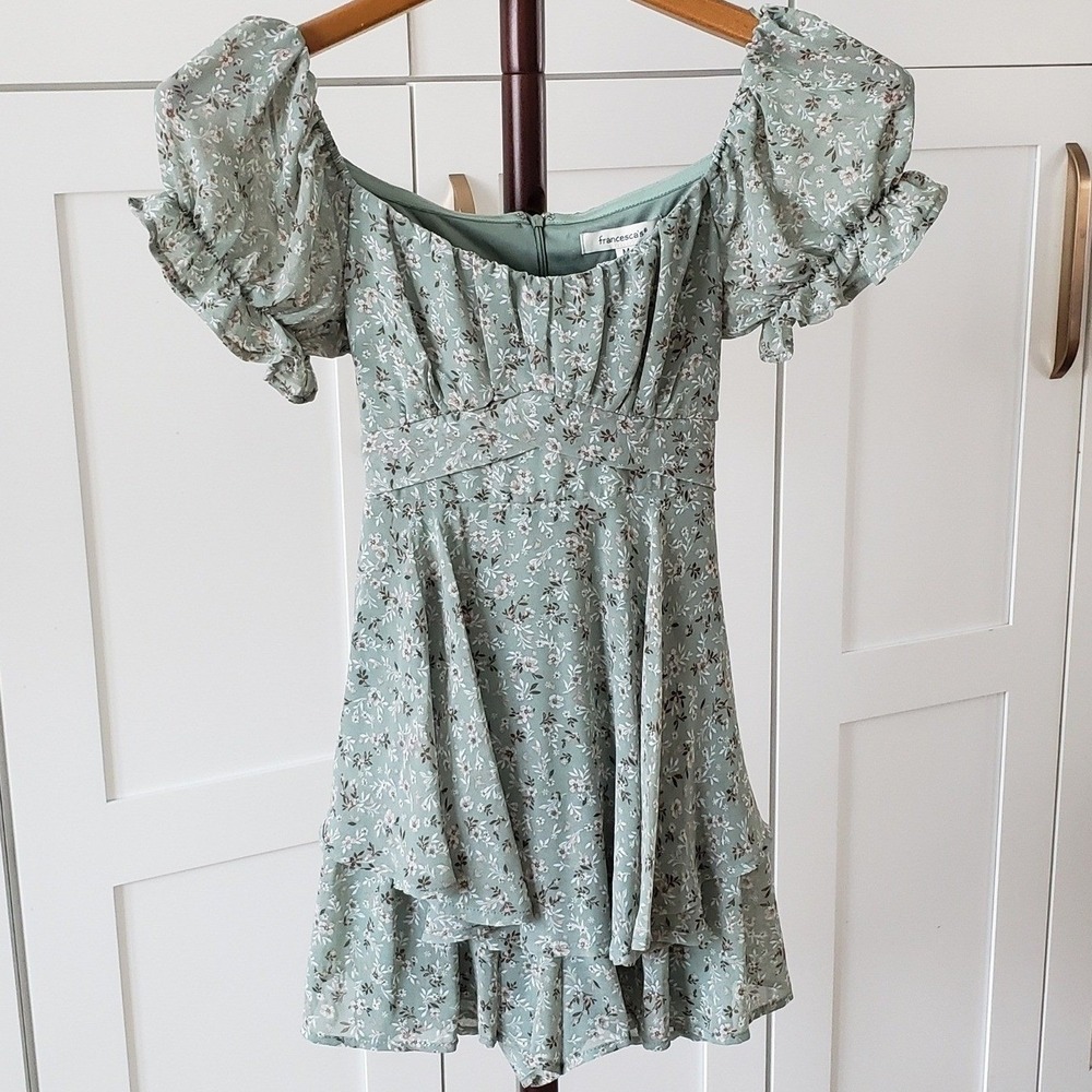 Francescas Floral Dress Romper Womens Medium Green Puff Sleeve Cottagecore Mini